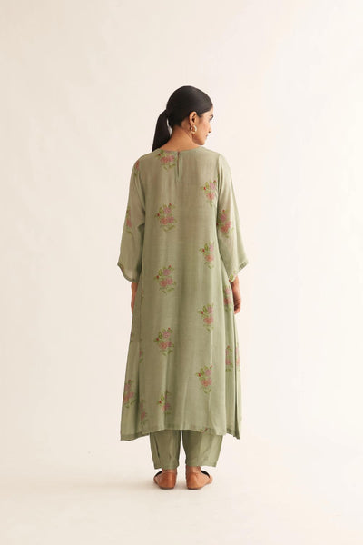 EVANI SAGE GREEN SILK FLORAL PRINT KURTA SET