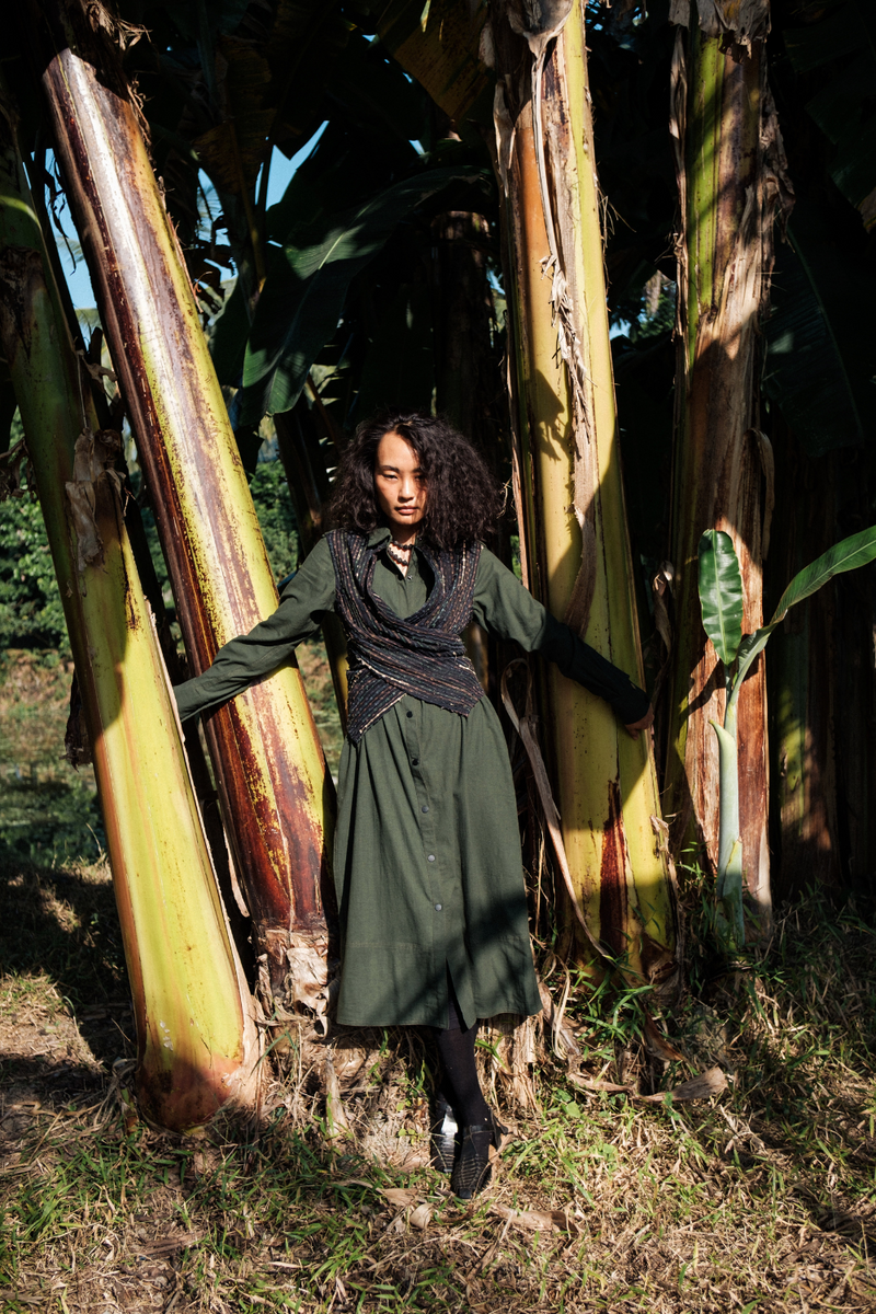 Upcycled Handwoven Seattle Wrap Calf Dress - Green cotton by The Terra Tribe in green color for women Worldwide