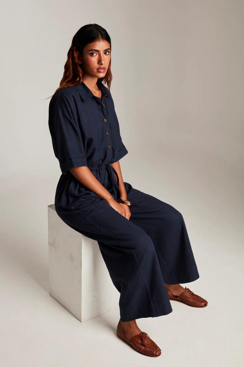 Navy Co-Linen Boilersuit cotton by Saphed in navy color for women Worldwide