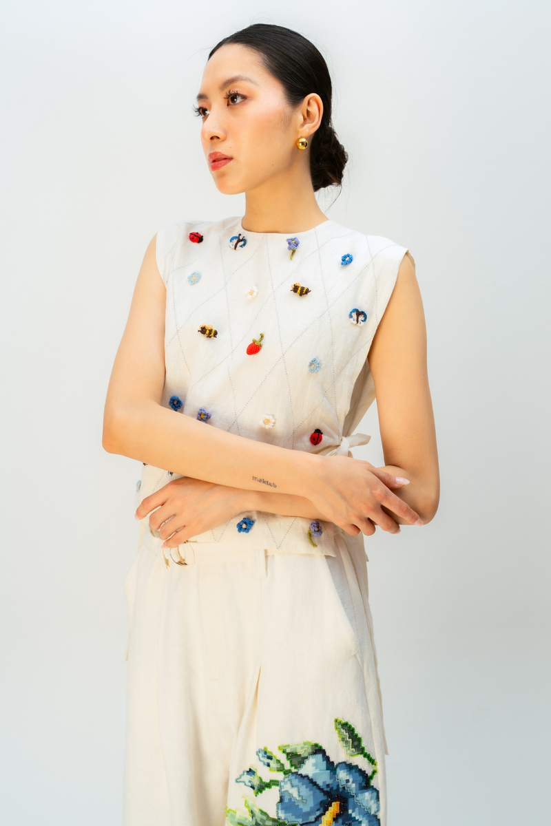 SOFT LATTICE BIB linen jacket/overlay by Ode to Odd in off white for women Worldwide