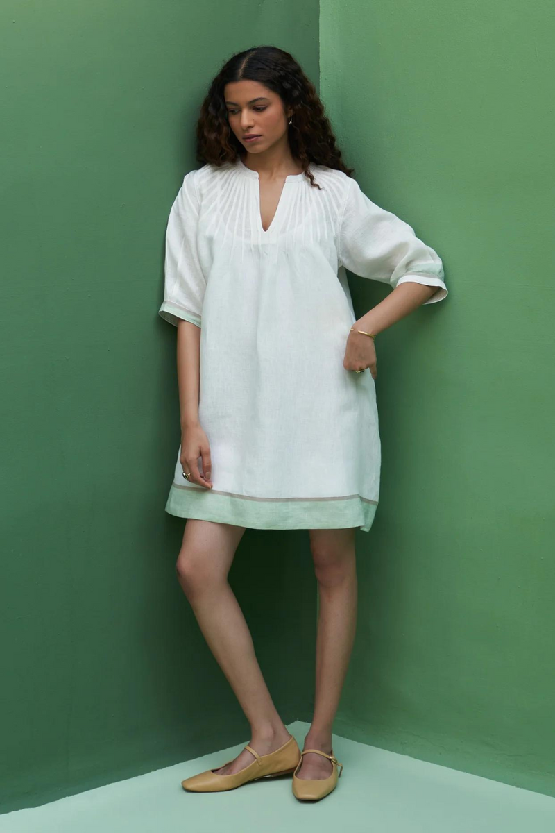 Yima Border Linen Dress
 - Ivory linen by Manan in ivory color for women Worldwide