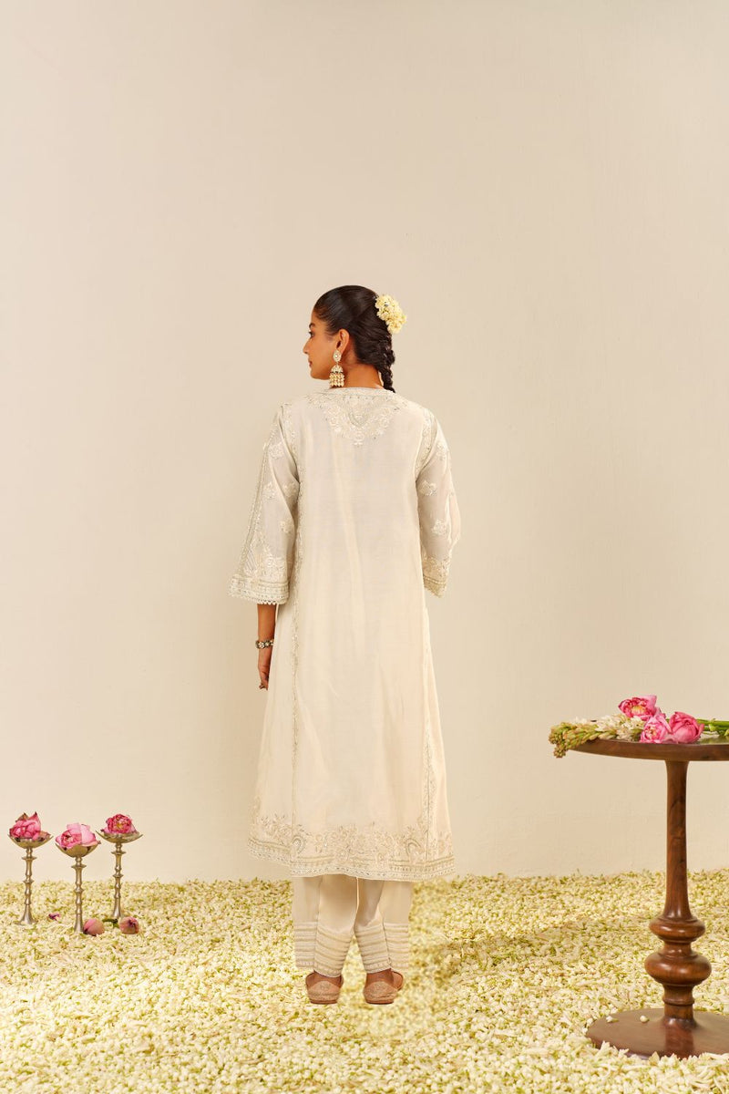Maziya - Long Chauga With Salwar And Dupatta-Daisy Ivory silk by SHEETAL BATRA in ivory color for women Worldwide