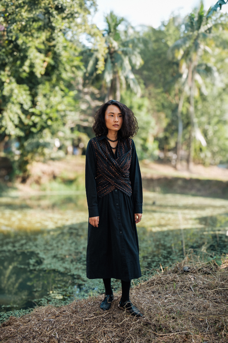 Upcycled Handwoven Seattle Wrap Calf Dress - Black Copper cotton by The Terra Tribe in black color for women Worldwide