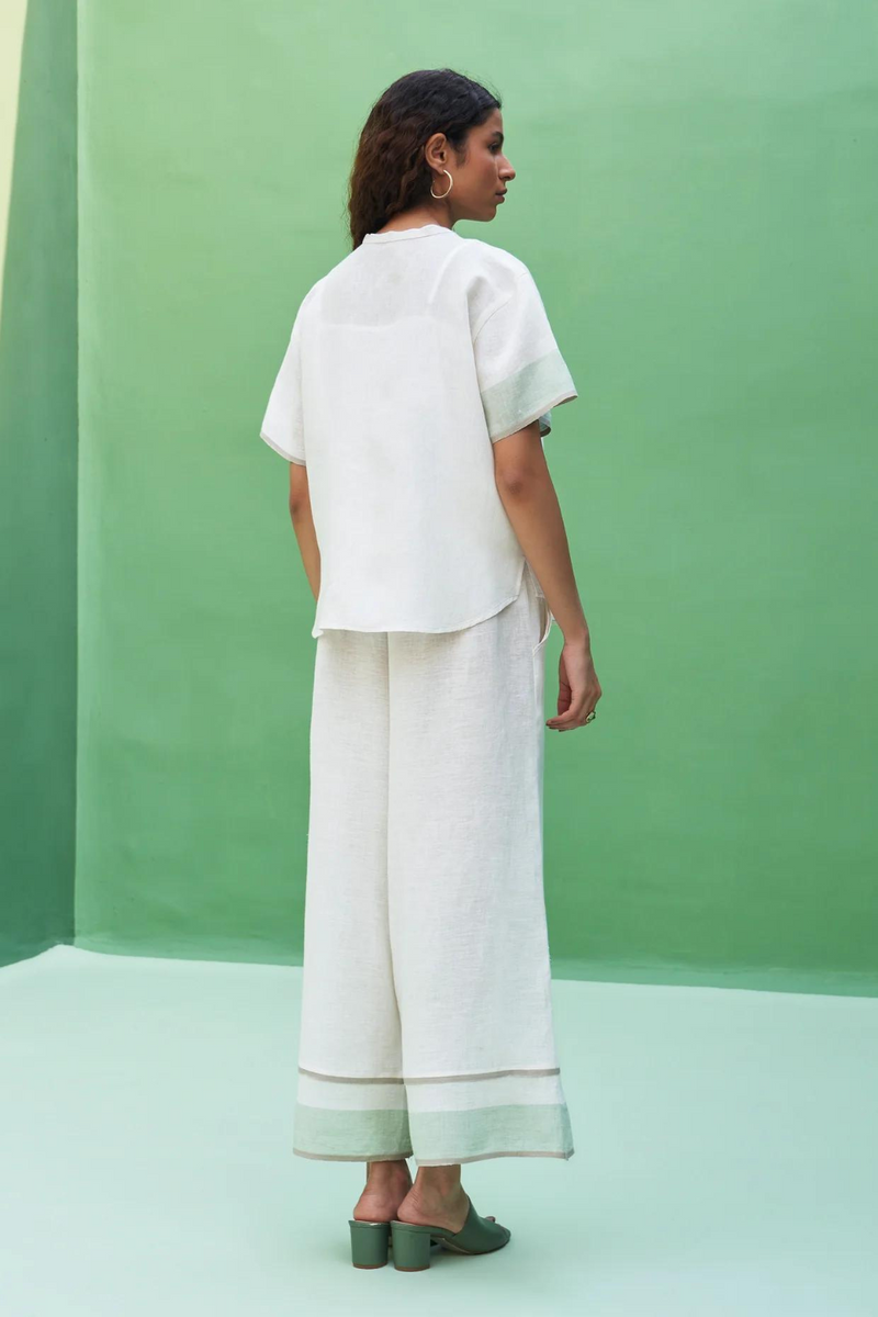 Kol Border Linen Co-ord Set - Ivory linen by Manan in ivory color for women Worldwide