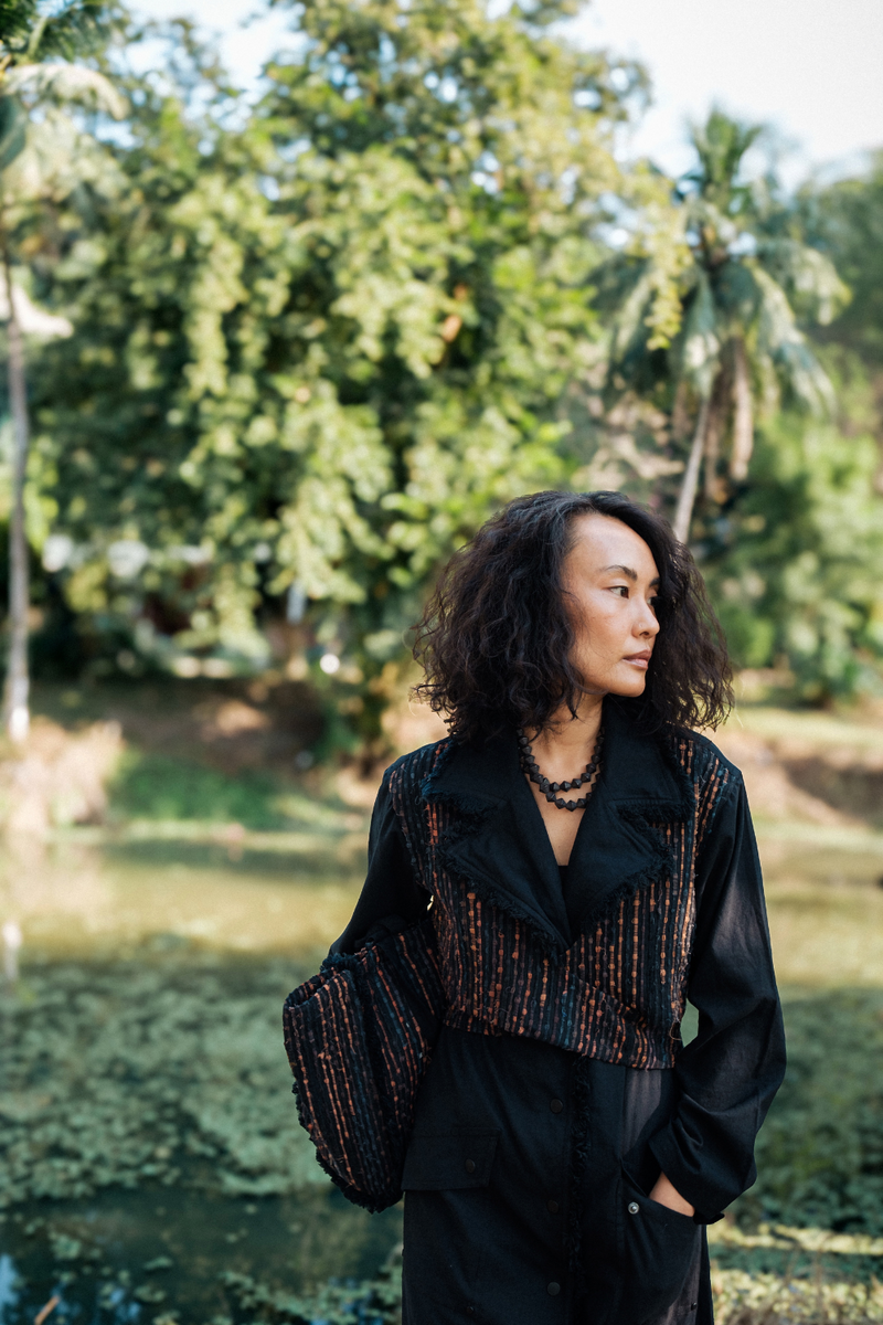 Upcycled Handwoven Copenhagen Trench - Black Copper cotton by The Terra Tribe in black color for women Worldwide