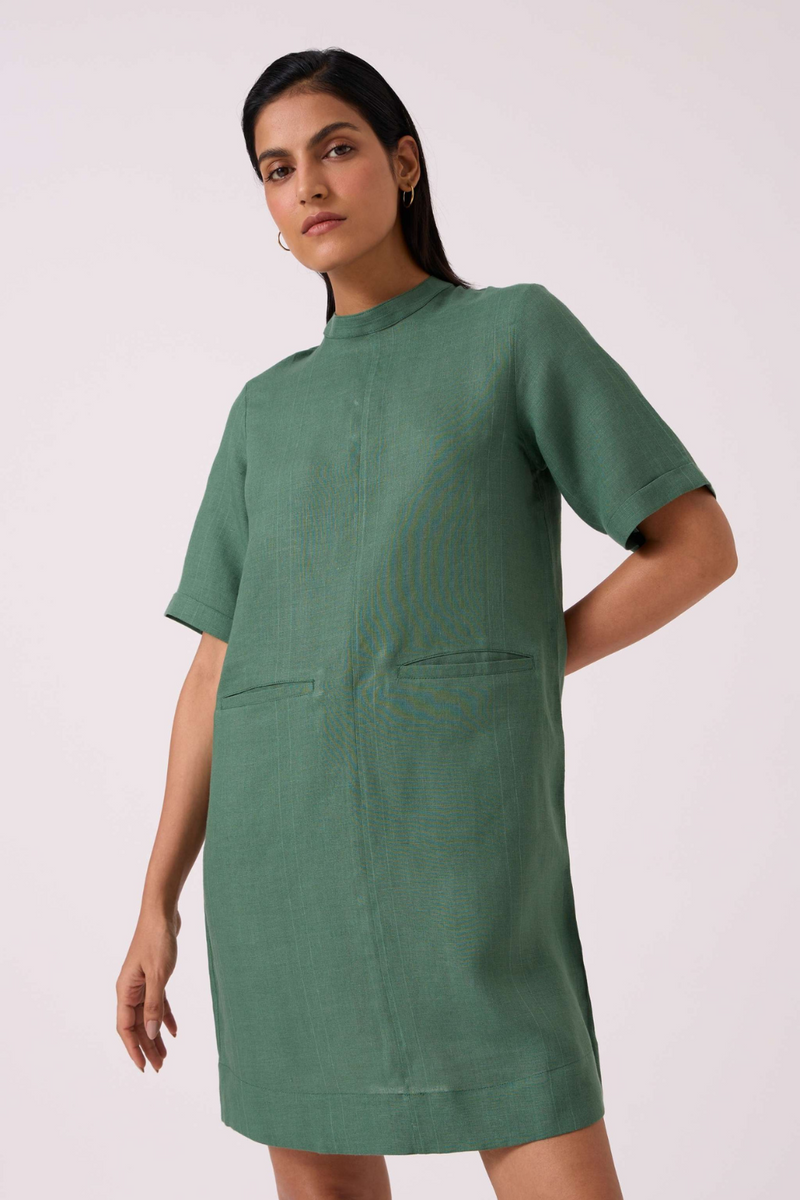 Tula Green Linen Shift Dress by The Summer House in green color for women Worldwide