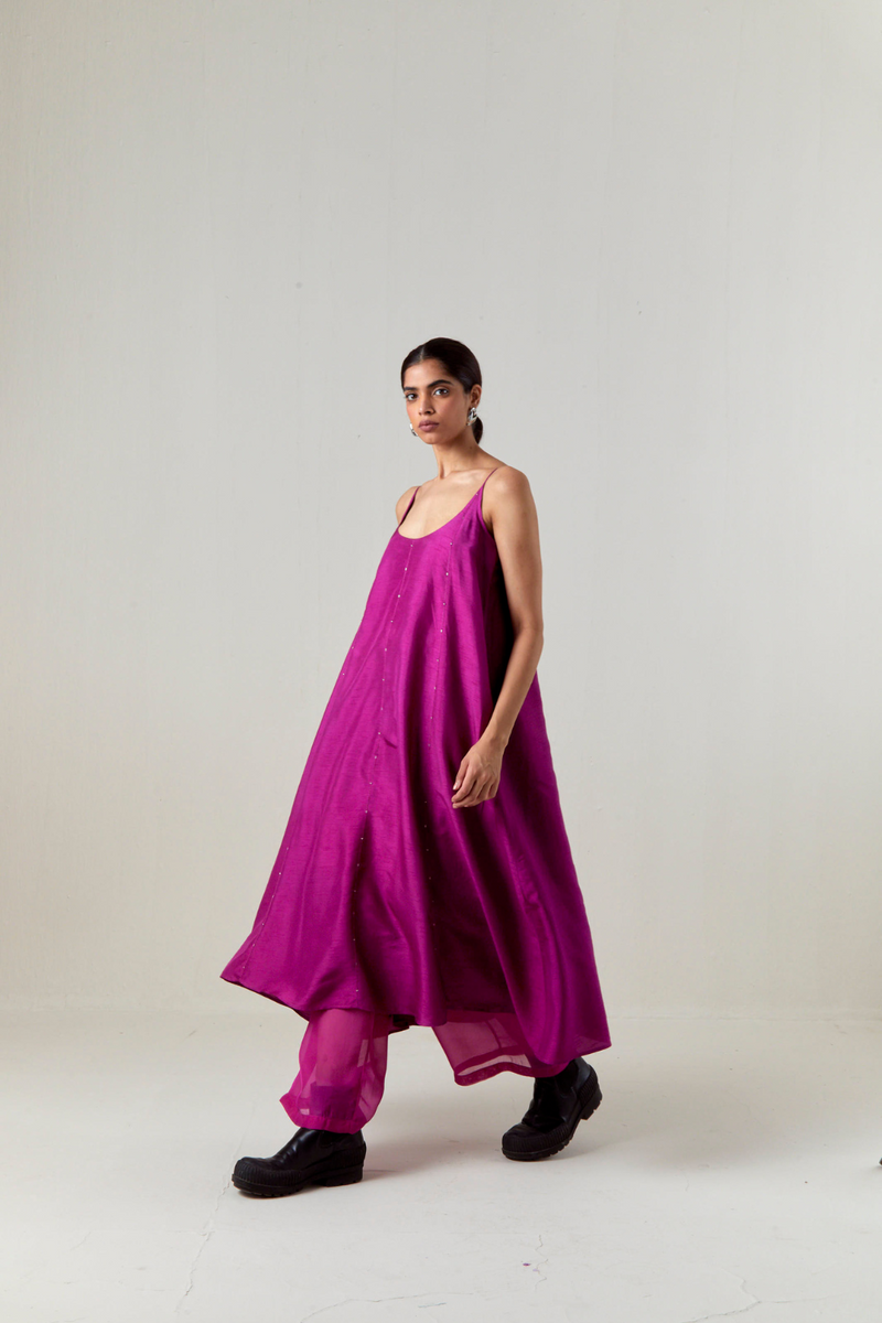 PANELED EMBROIDERED TUNIC CO-ORD-FUCHSIA silk by THREE for women Worldwide