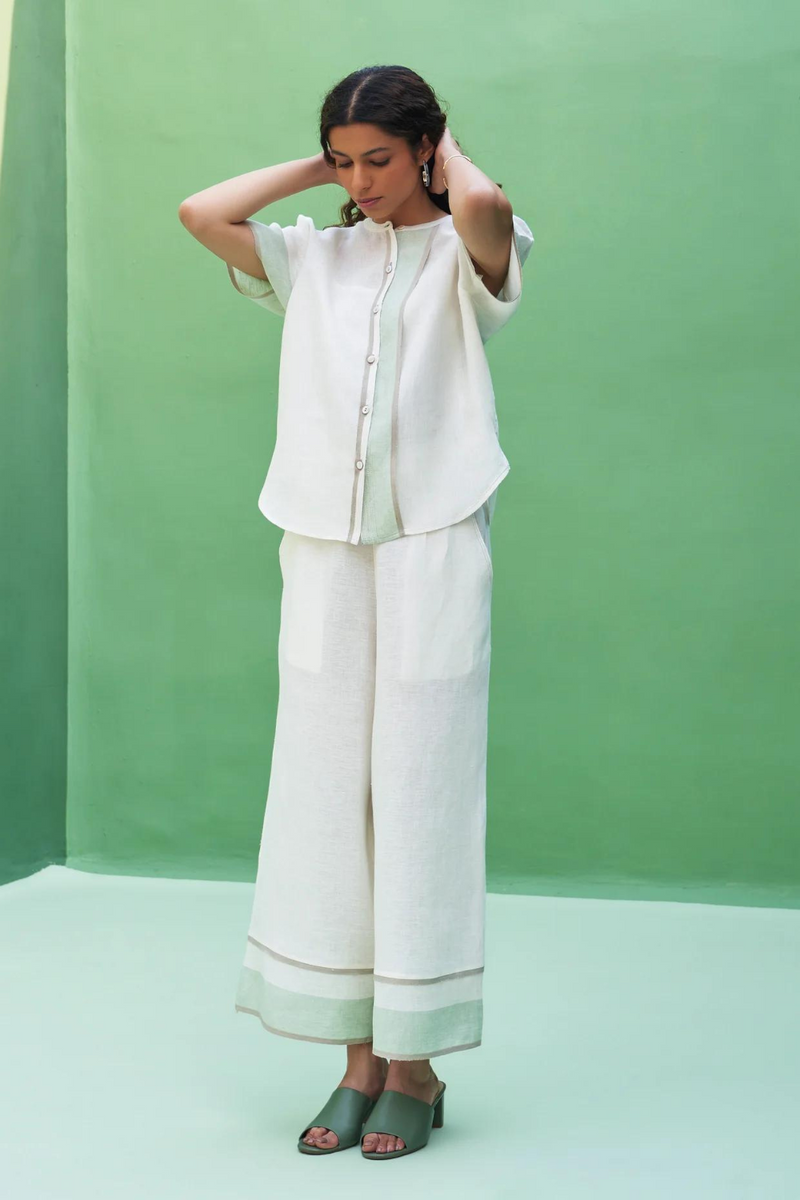 Kol Border Linen Crop Shirt - Ivory linen by Manan in ivory color for women Worldwide