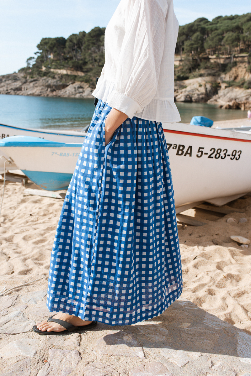 Oxford Skirt-Blue Checks handwoven cotton skirt by World of Crow in multicolor for women Worldwide