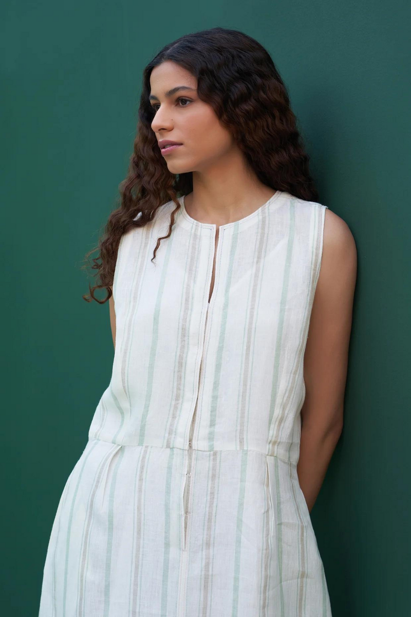 Una Striped Linen Sleeveless Dress
 - Mint linen by Manan in mint color for women Worldwide