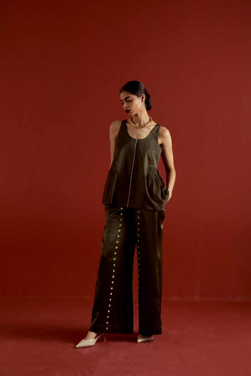 SIDE U-GATHER TOP CO-ORD-DARK OLIVE organza by THREE in olive color for women Worldwide