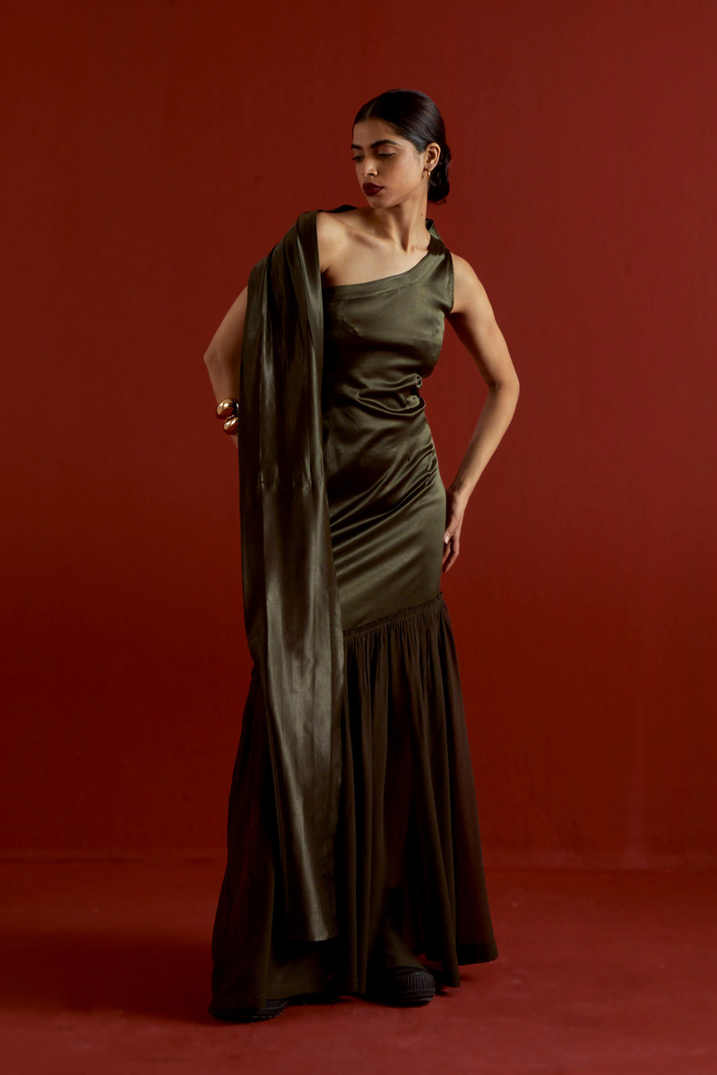 ONE SHOULDER DRESS-DARK OLIVE satin by THREE in olive color for women Worldwide