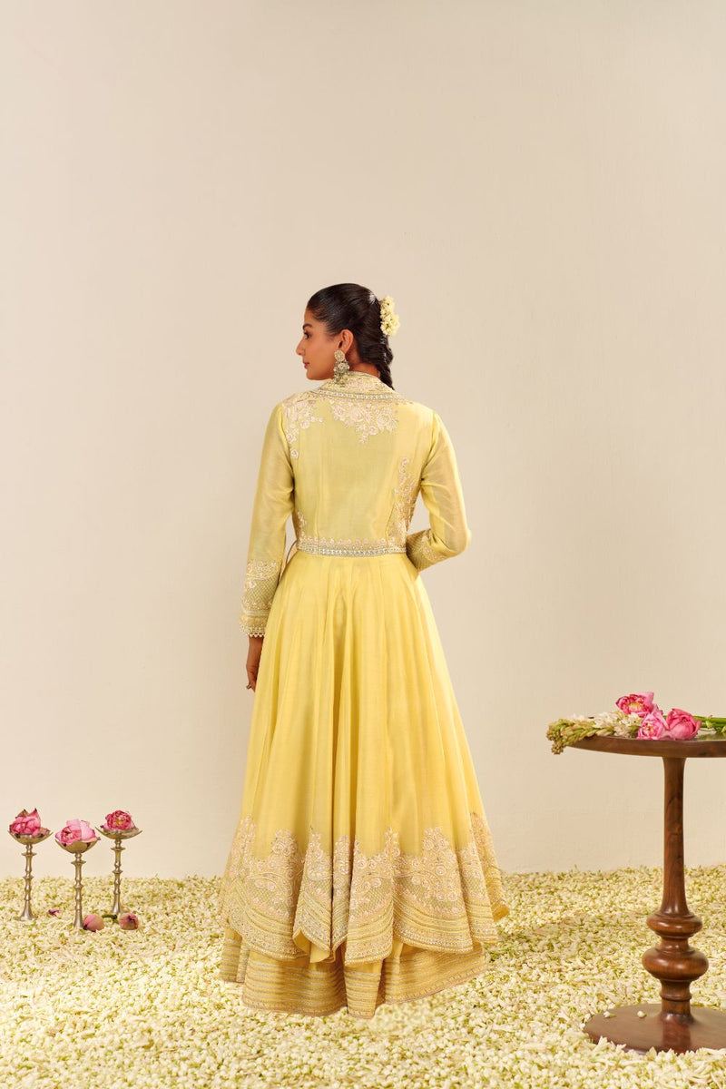Ameena - Long Anarkali With Skirt And Dupatta-Lemon Yellow silk by SHEETAL BATRA in yellow color for women Worldwide