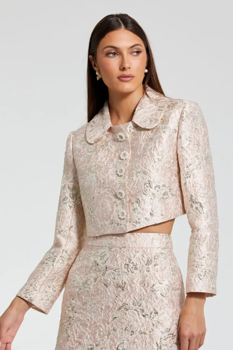 Pink Pearl Button Brocade Cropped Jacket brocade by Mac Duggal in blush color for women Worldwide