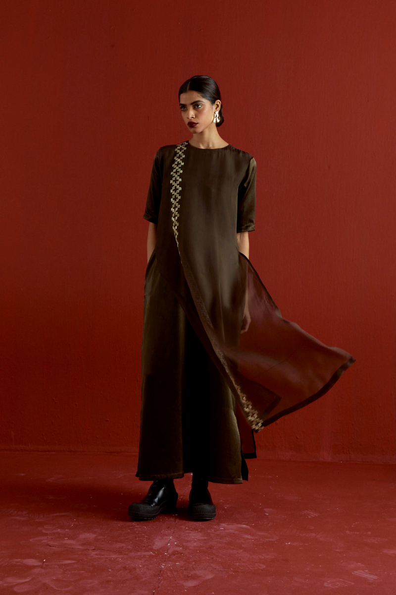 GOTA PATTI DETAIL DOUBLE LAYER DRESS-DARK OLIVE satin by THREE in olive color for women Worldwide