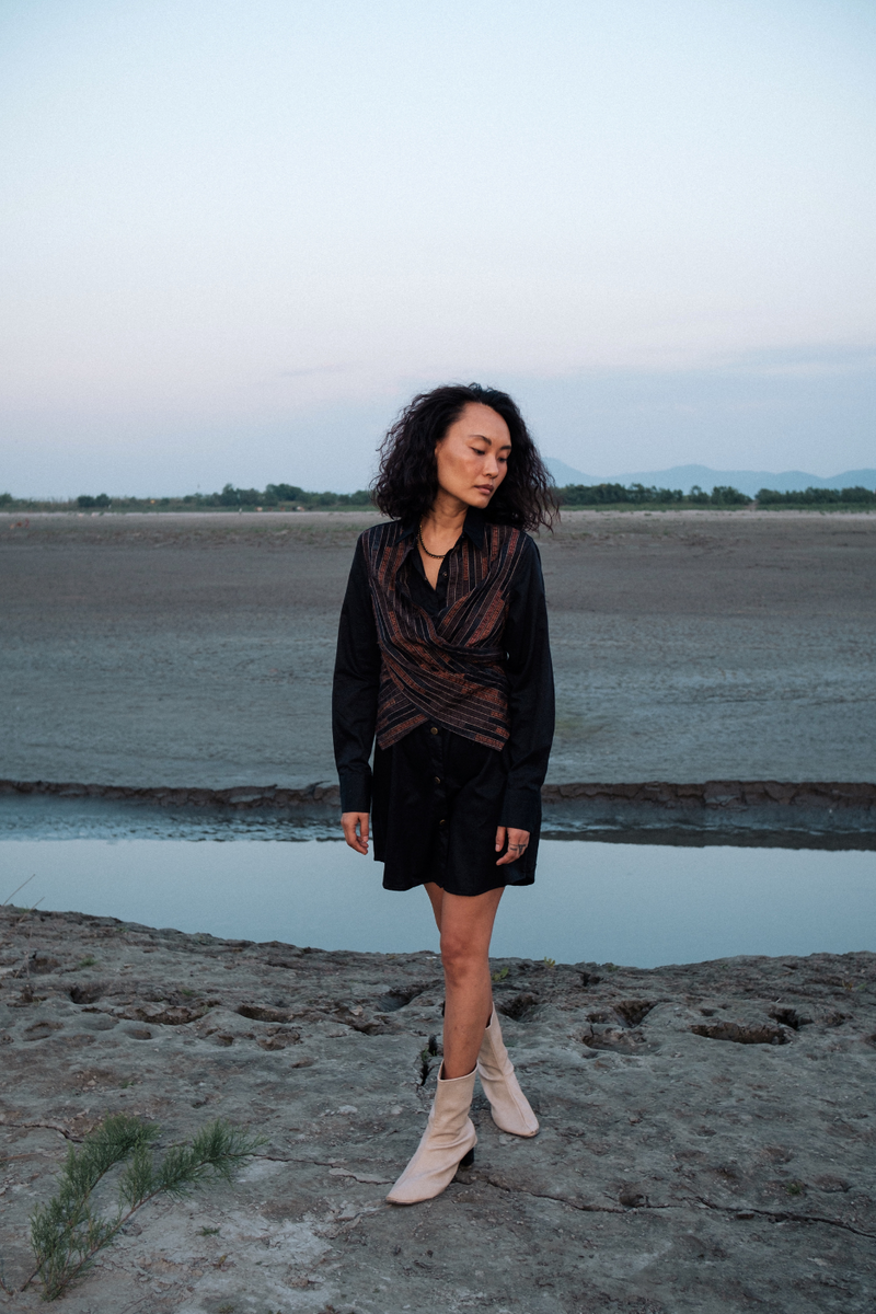 Upcycled Seattle Wrap Short Dress - Black Copper cotton by The Terra Tribe in black color for women Worldwide