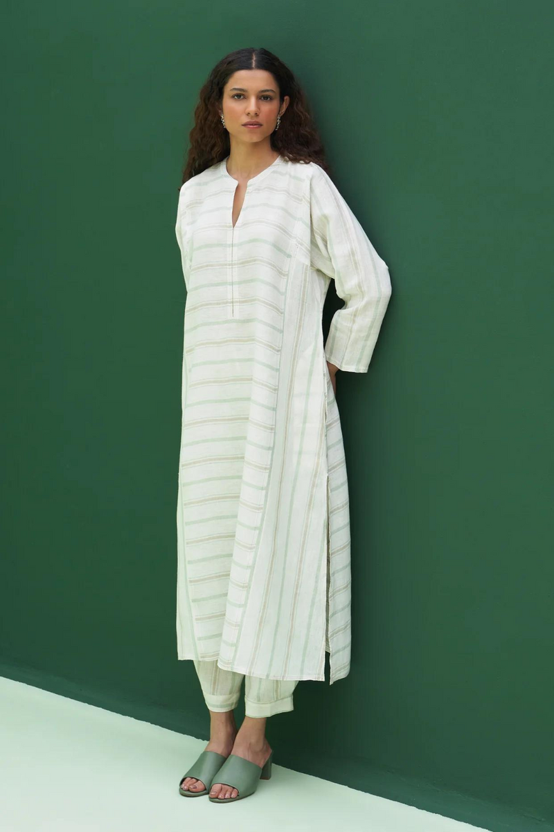 Ezra Striped Linen Kurta - Mint linen by Manan in mint color for women Worldwide