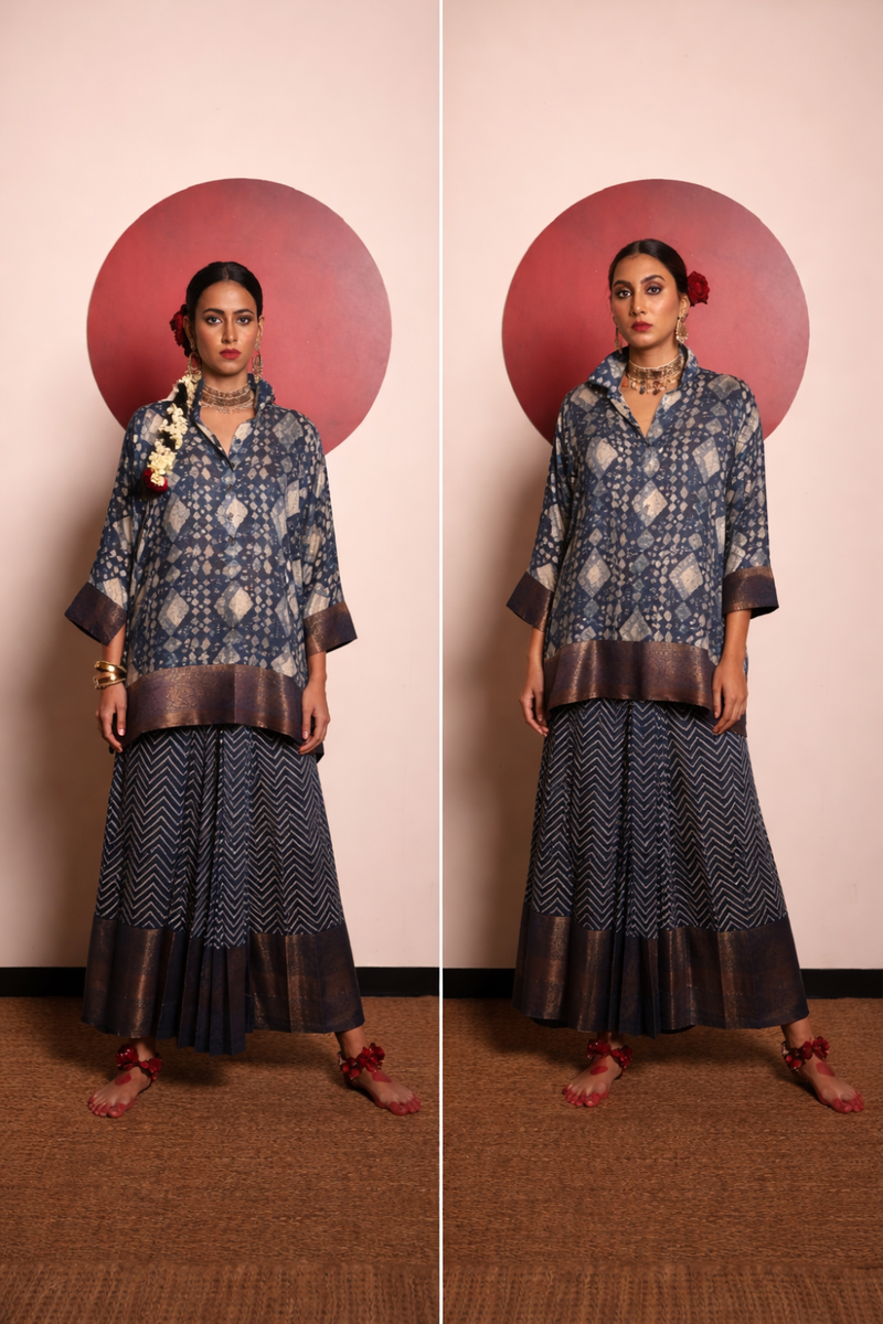 Indigo Chanderi Silk Shirt & Wrap Skirt silk by Sabo by Sabina for women Worldwide