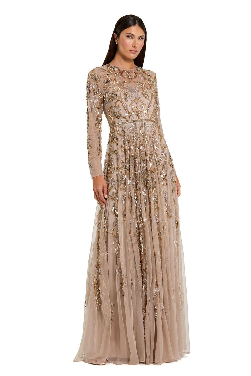 94213-Beige Long Sleeve Hand Embellished Gown by Mac Duggal in gold color for women Worldwide