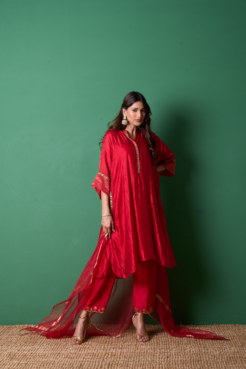 Radiance Kurta Set - Red with Dupatta silk by Priti Prashant in red color for women Worldwide