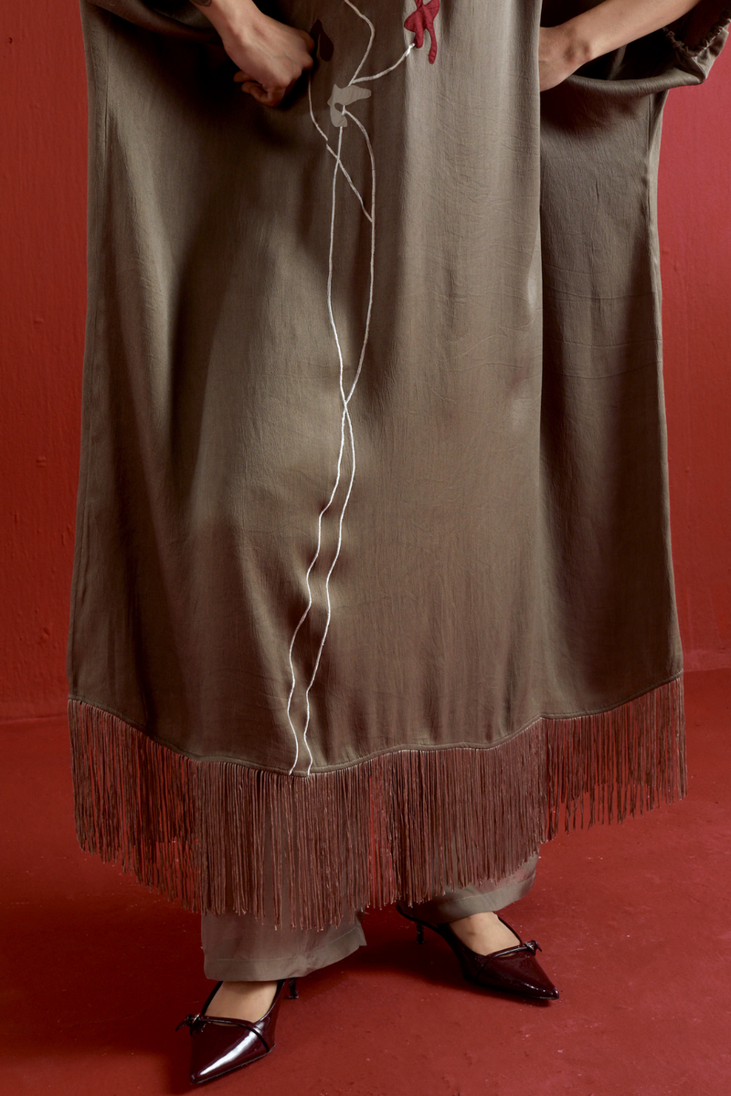 FLORAL FRINGE KAFTAN CO-ORD-CEDAR satin by THREE for women Worldwide