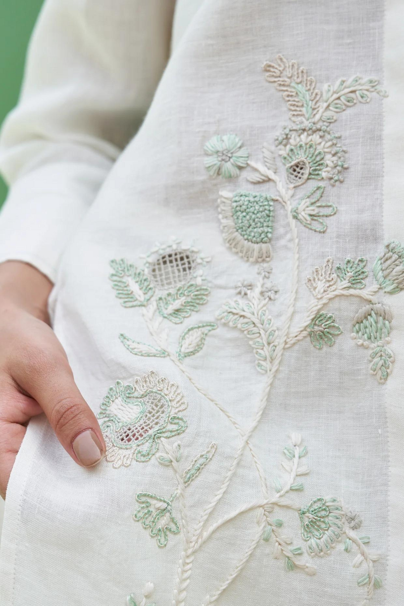 Noi Hand-Embroidered Linen Co-ord Set - Ivory linen by Manan in ivory color for women Worldwide