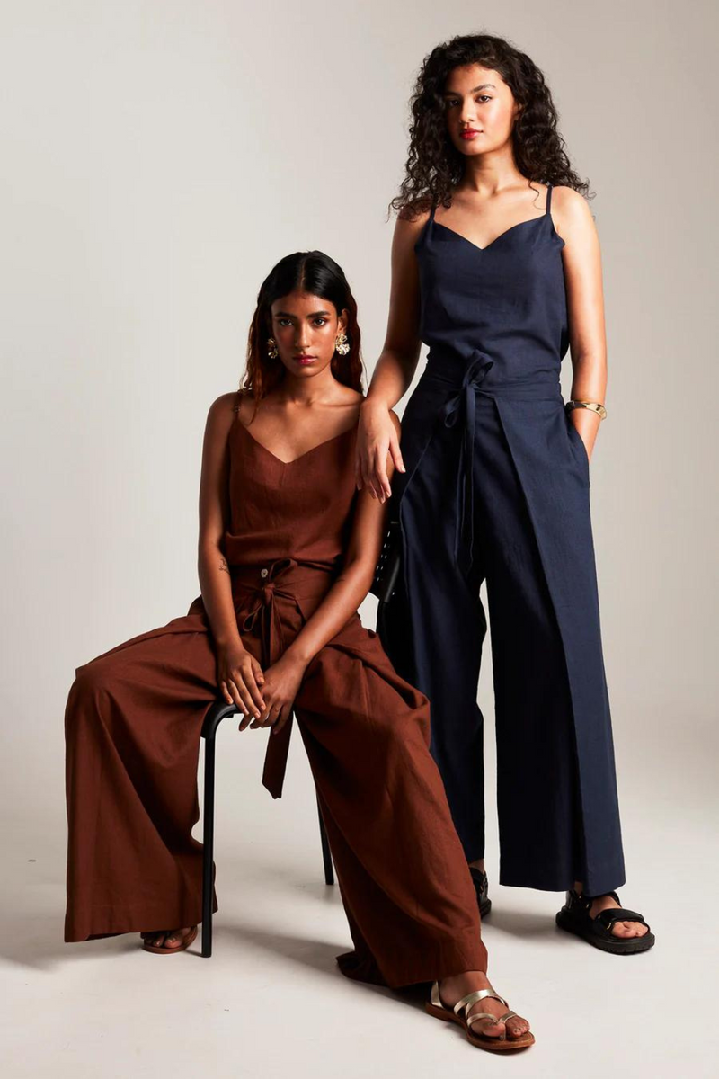 Navy Co-Linen Wrap Pants cotton by Saphed in navy color for women Worldwide