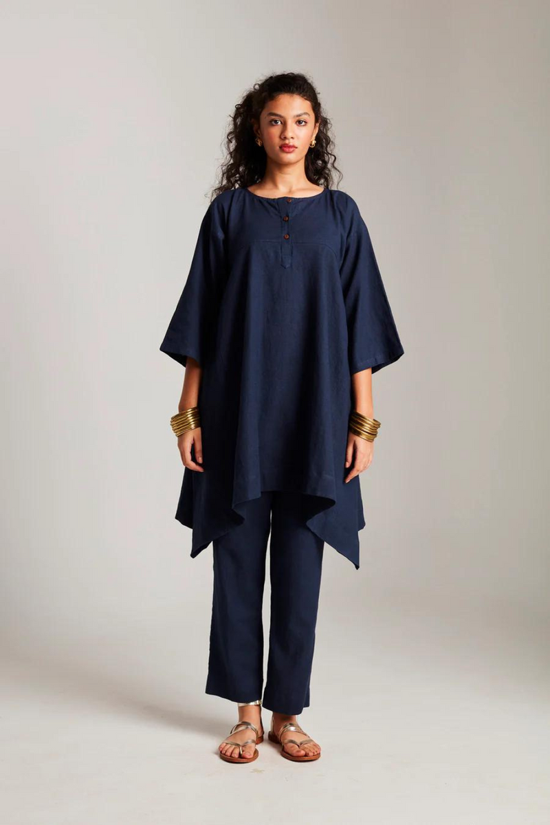 Navy Co-Linen High Low Kurta cotton by Saphed in navy color for women Worldwide