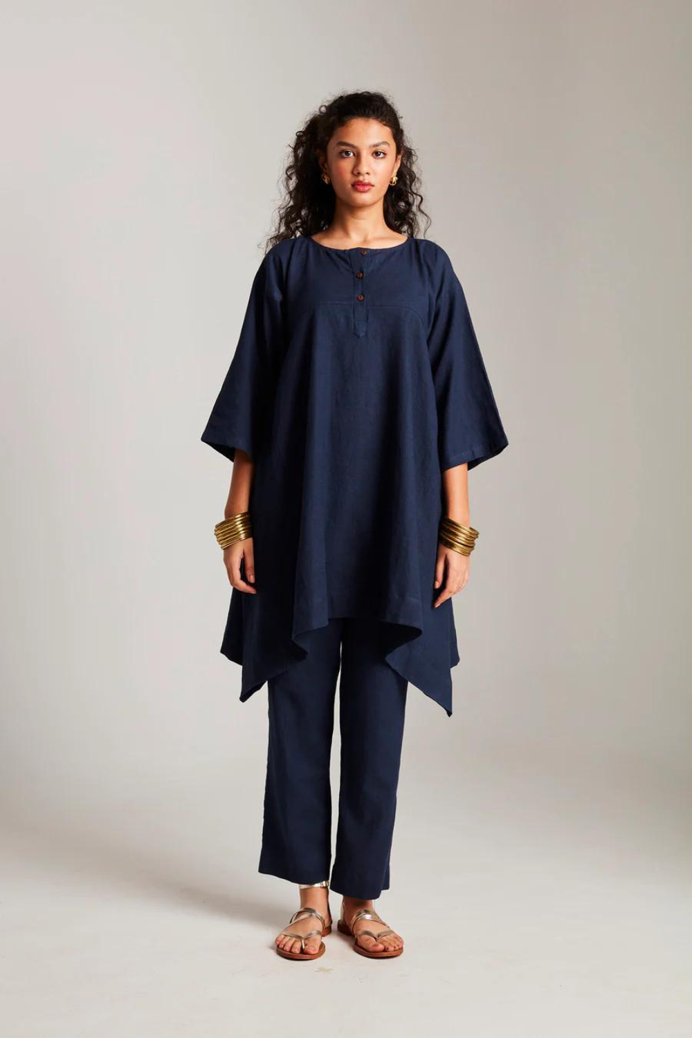 Navy Co-Linen High Low Kurta