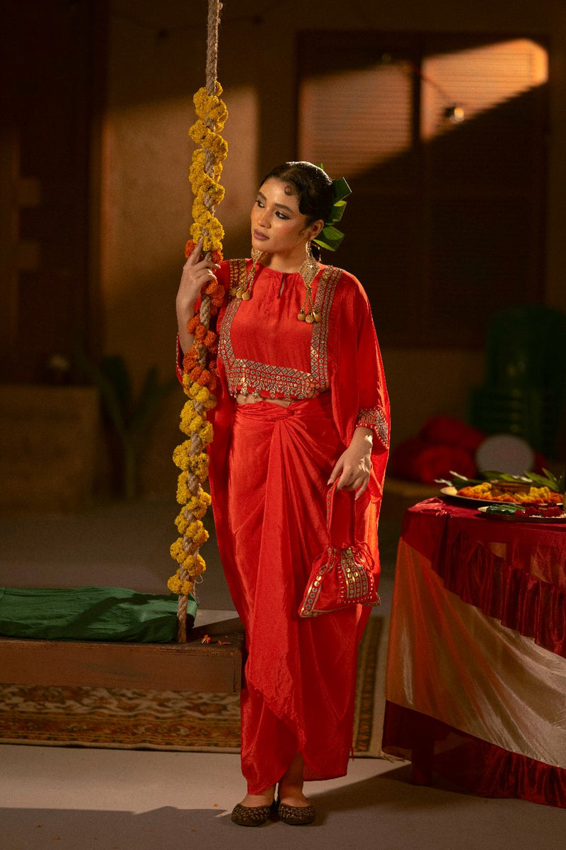 Ramani Nexa Red Hi Low Top & Wrap Skirt Set- Red silk by PRAHNAAYA in red color for women Worldwide