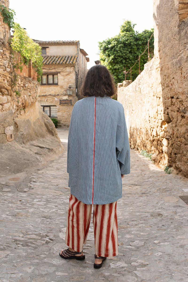 The Artist Coat-Blue Stripe handwoven cotton jacket/overlay by World of Crow in multicolor for women Worldwide