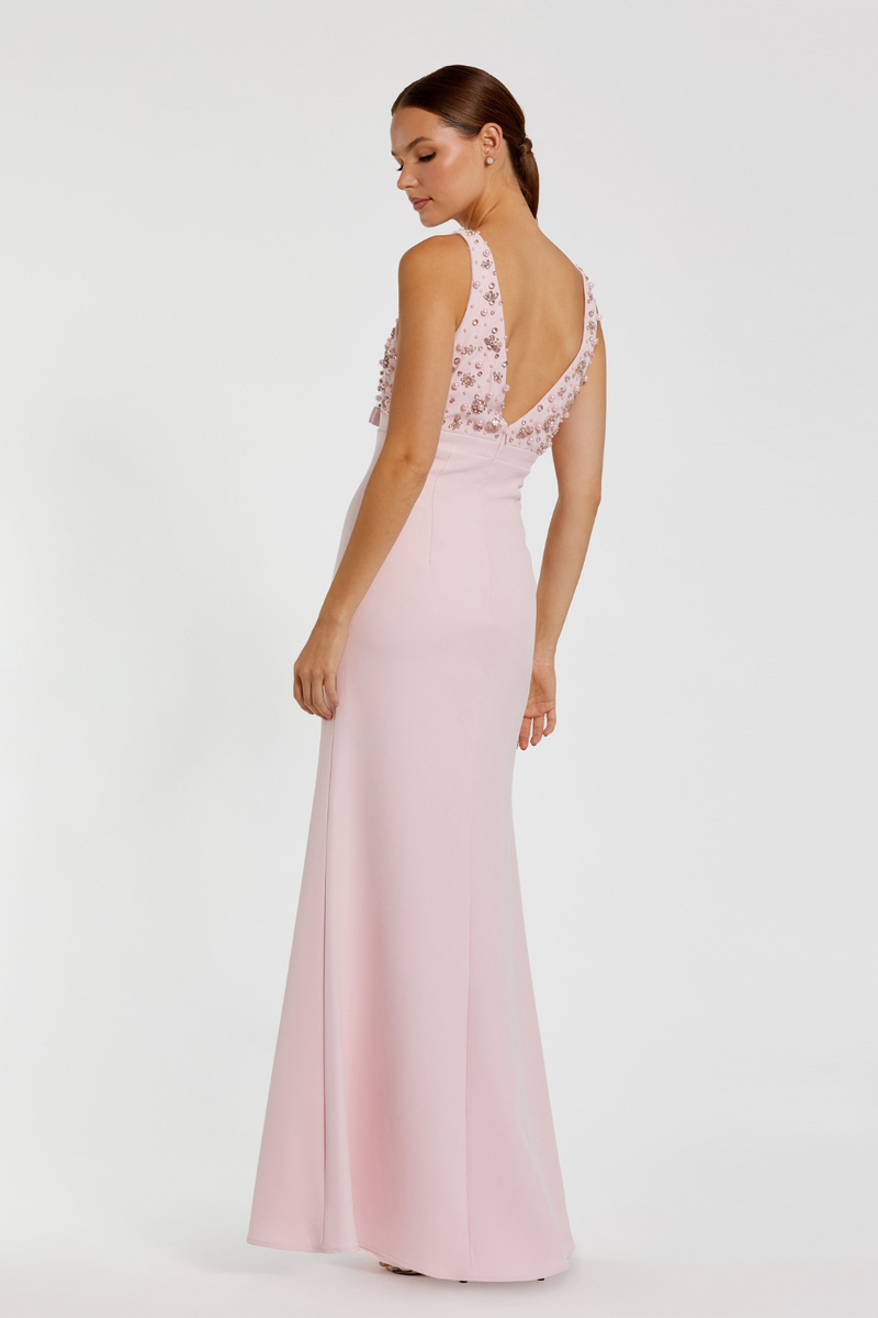 2278-V Neck Gown With Bow-Blush by Mac Duggal in blush color for women Worldwide