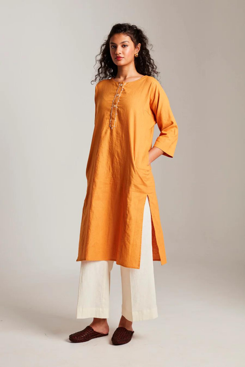 Mango Co-Linen Beaded Placket Kurta set without dupatta cotton by Saphed in mustard color for women Worldwide