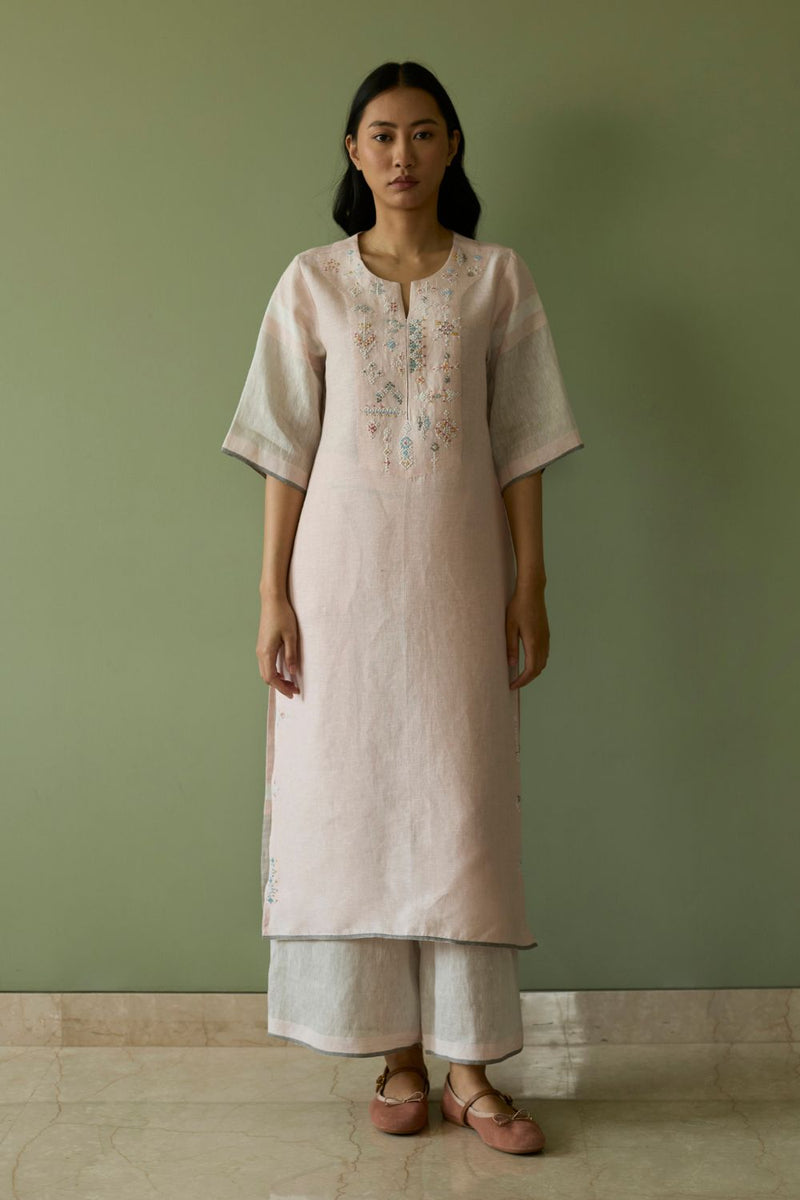 Vira Hand-Emboidered Linen Kurta-Blush linen by Manan in blush color for women Worldwide