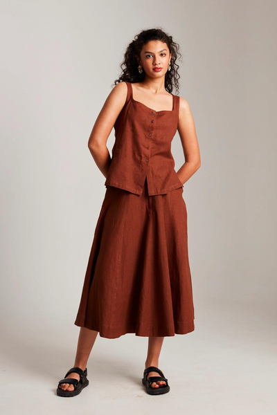 Mocha Co-Linen Side Slit Top & Skirt Set