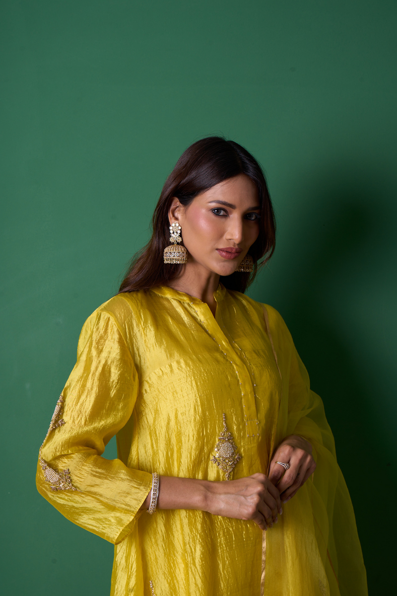 Paradise Kurta Set - Yellow with Dupatta organza by Priti Prashant in yellow color for women Worldwide