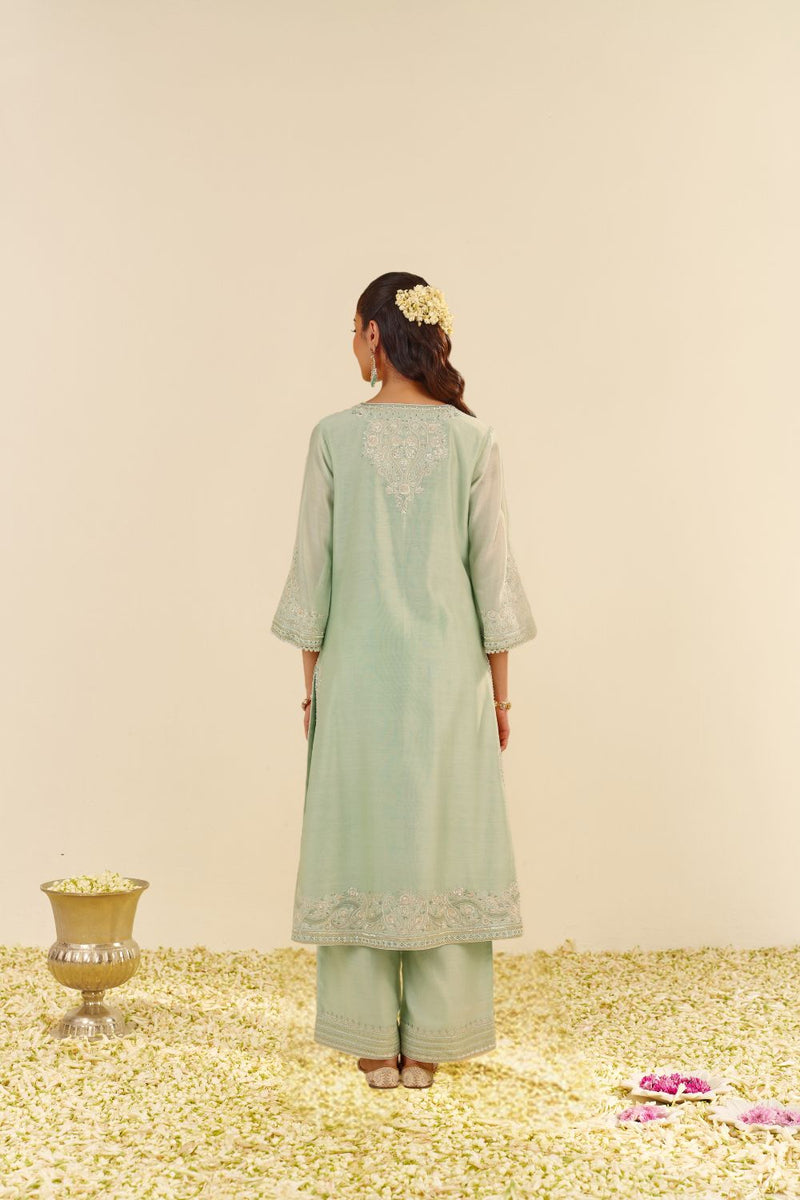 Sereen - A-Line Kurta With Palazzo And Dupatta-Mint Green silk by SHEETAL BATRA in mint color for women Worldwide