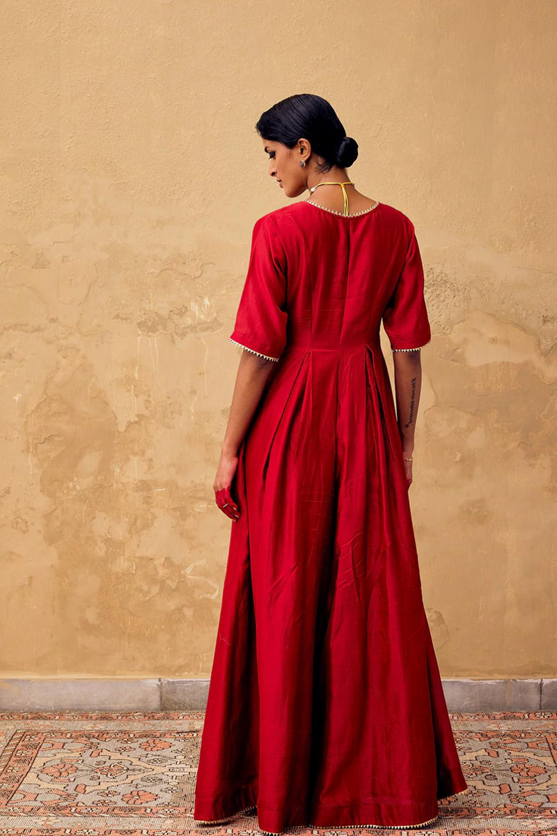 Jashn Jumpsuit chanderi by Khara Kapas in red for women Worldwide