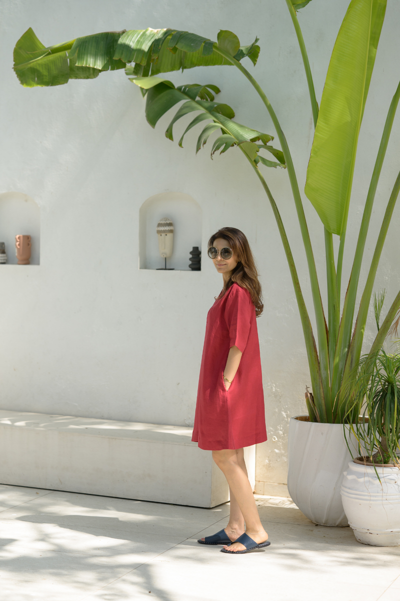 Sundown Palm Dress linen dress by Zanzibar Living in crimson red for women Worldwide
