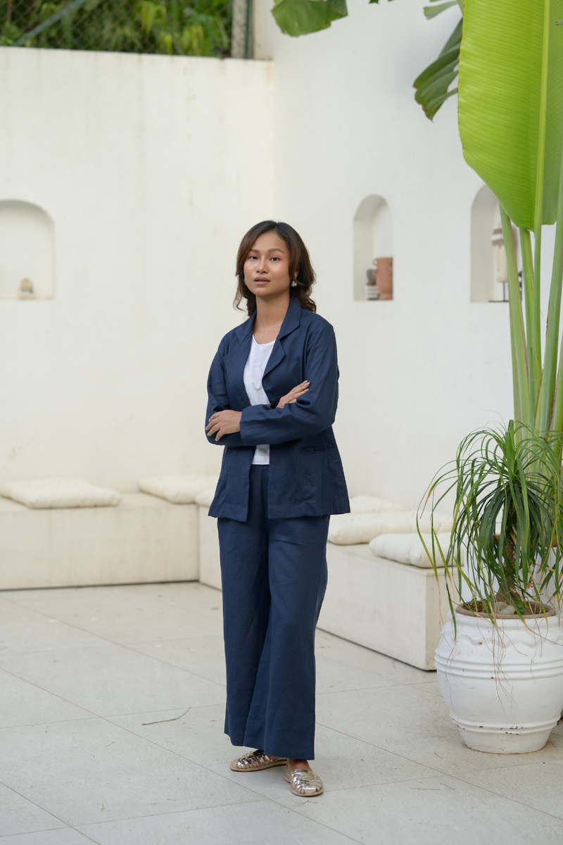 Midnight Line Suit linen co-ord set by Zanzibar Living in midnight blue for women Worldwide
