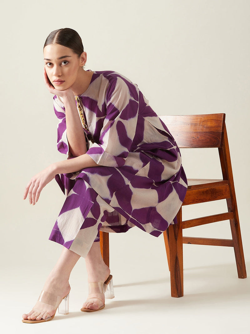 Purple Clamp Dye Embroidered Co ord set cotton Artisan made - Block Printed by Aavidi for women Worldwide