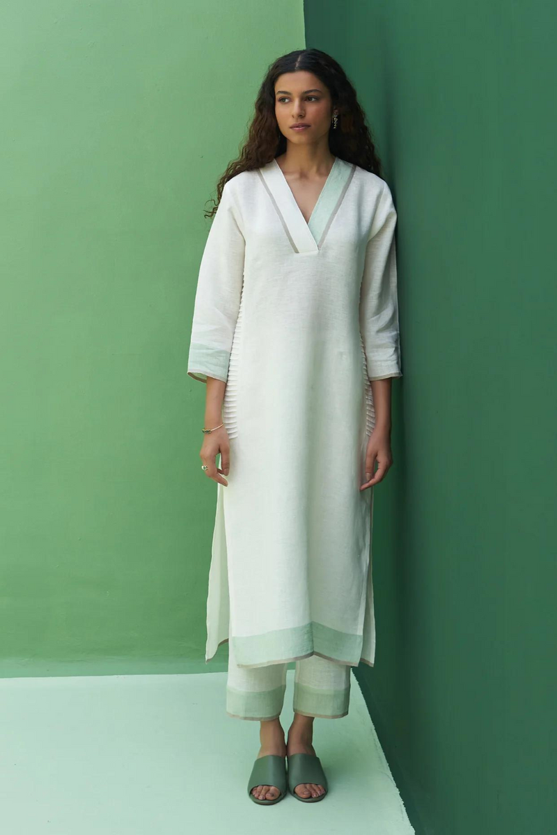 June Border Linen Pleated Kurta
 - Ivory linen by Manan in ivory color for women Worldwide