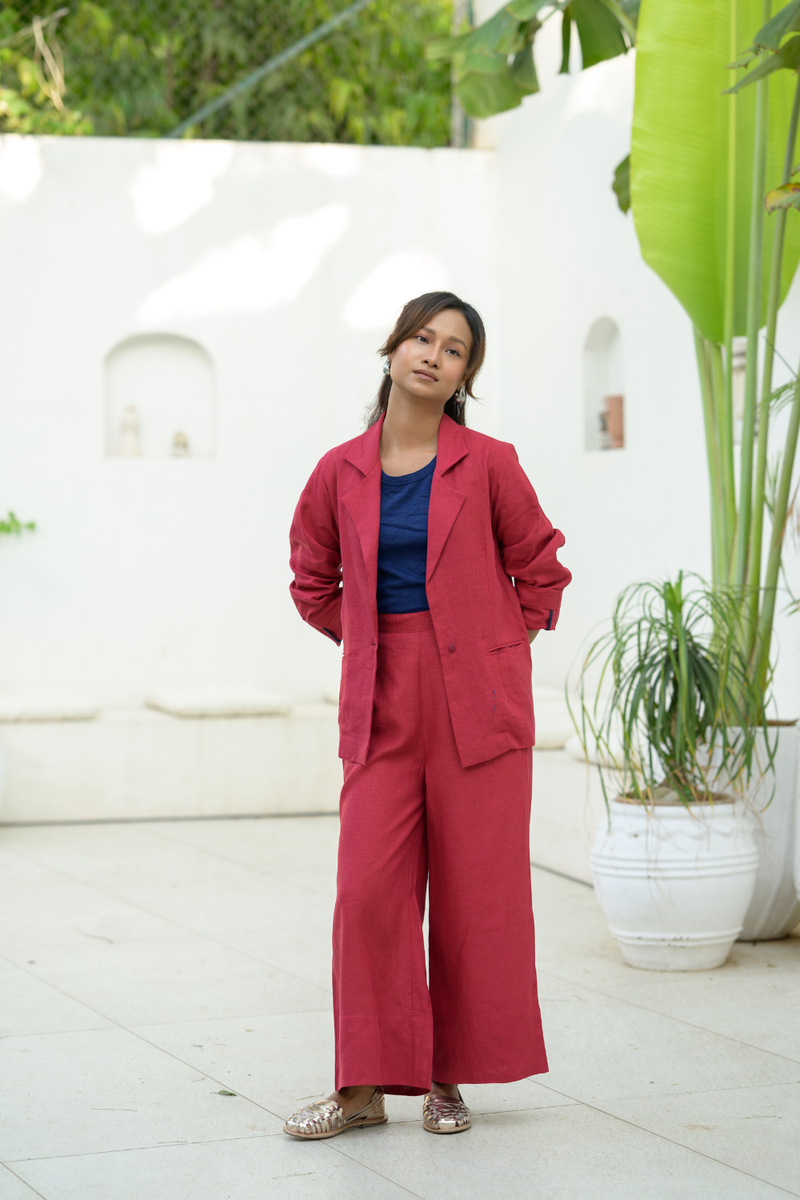 Crimson Sky Suit linen co-ord set by Zanzibar Living in crimson red for women Worldwide