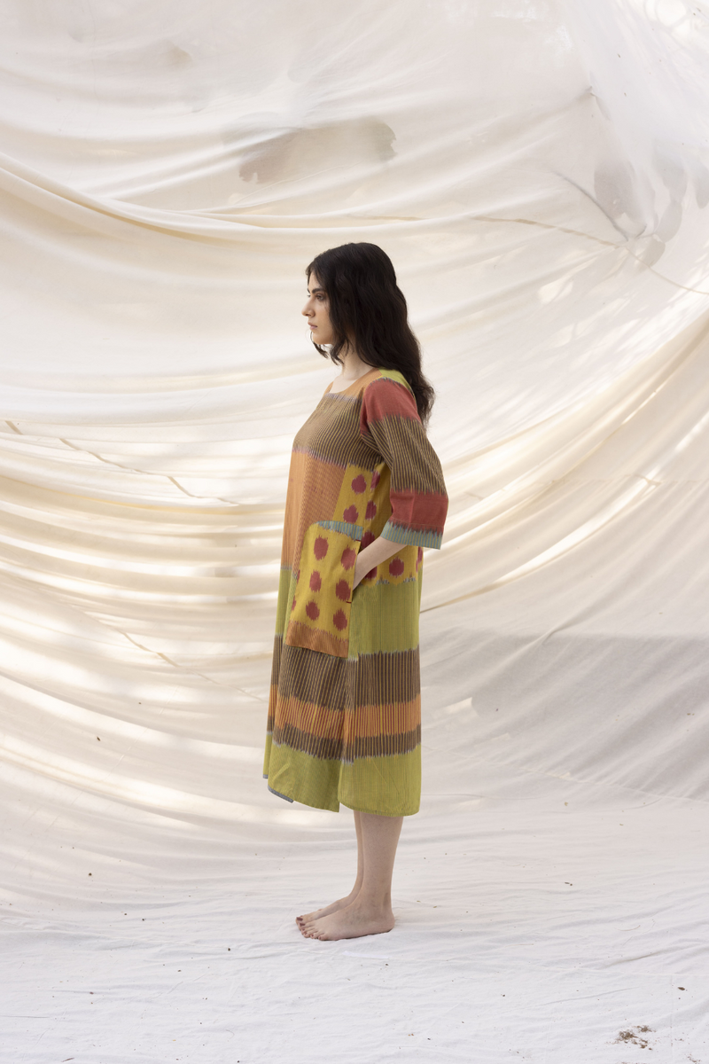 SUR A-LINE DRESS 100% cotton by Translate - Handwoven Ikat in multi color for women Worldwide