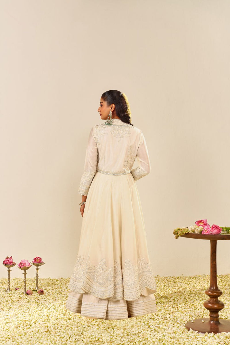 Ameena - Long Anarkali With Skirt And Dupatta-Daisy Ivory silk by SHEETAL BATRA in ivory color for women Worldwide