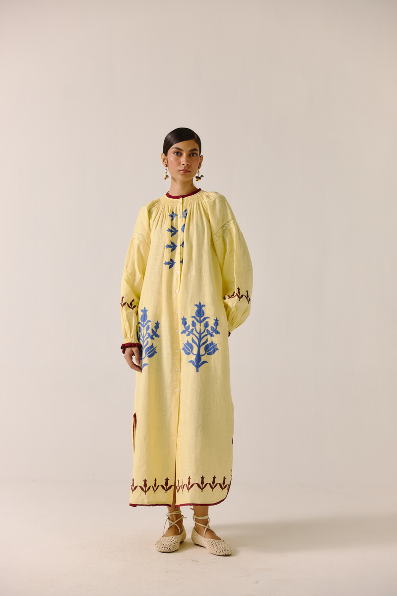 Chloe Dress - Butter Yellow Bird Applique by CORD in yellow for women Worldwide