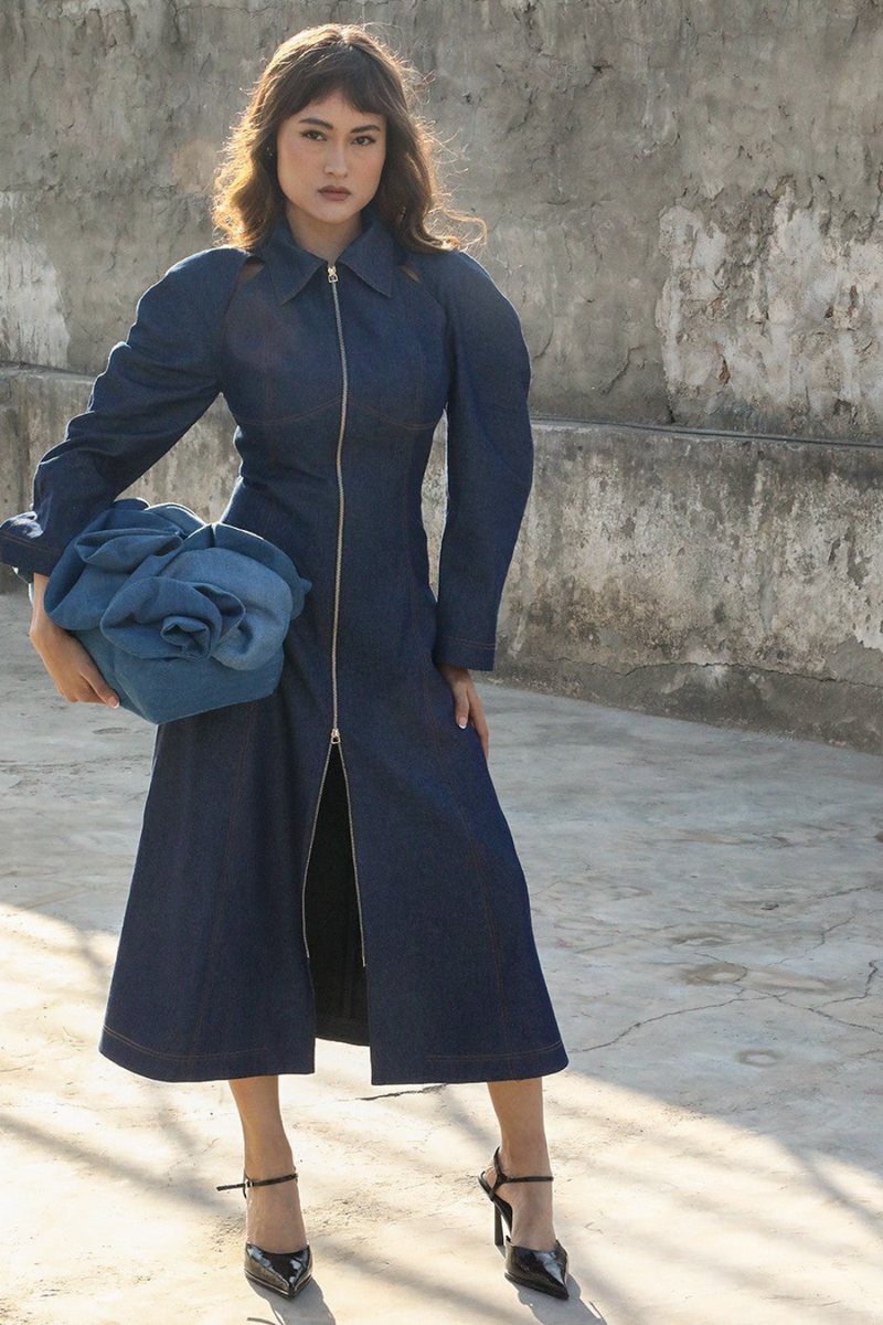 Denim Zip Dress 100% cotton by Leh Studios in blue color for women Worldwide