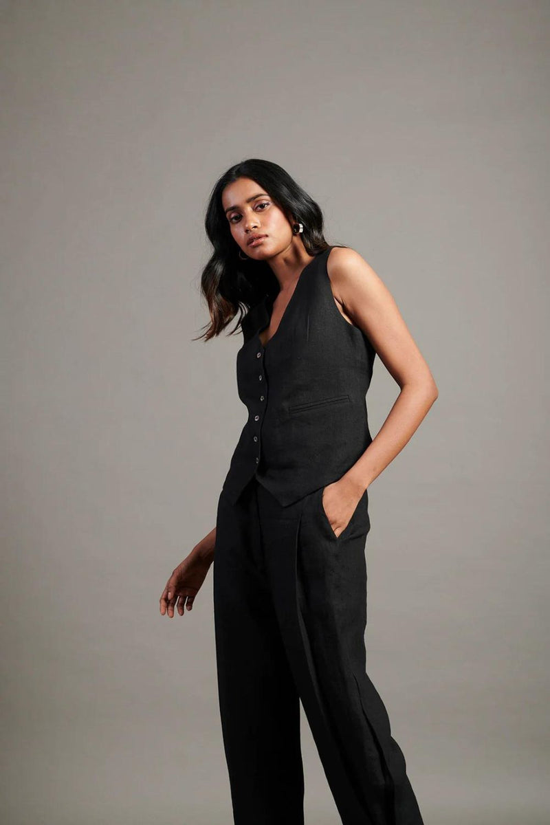 Kohl Linen Waist Coat Set linen by Saphed in black color for women Worldwide