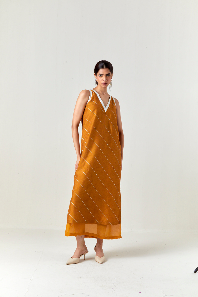 V-NECK EMBELLISHMENT DETAIL DRESS-OCHRE silk by THREE for women Worldwide
