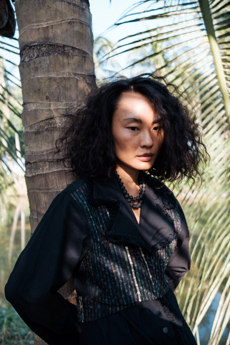 Upcycled Handwoven Copenhagen Trench - Black Green cotton by The Terra Tribe in green color for women Worldwide